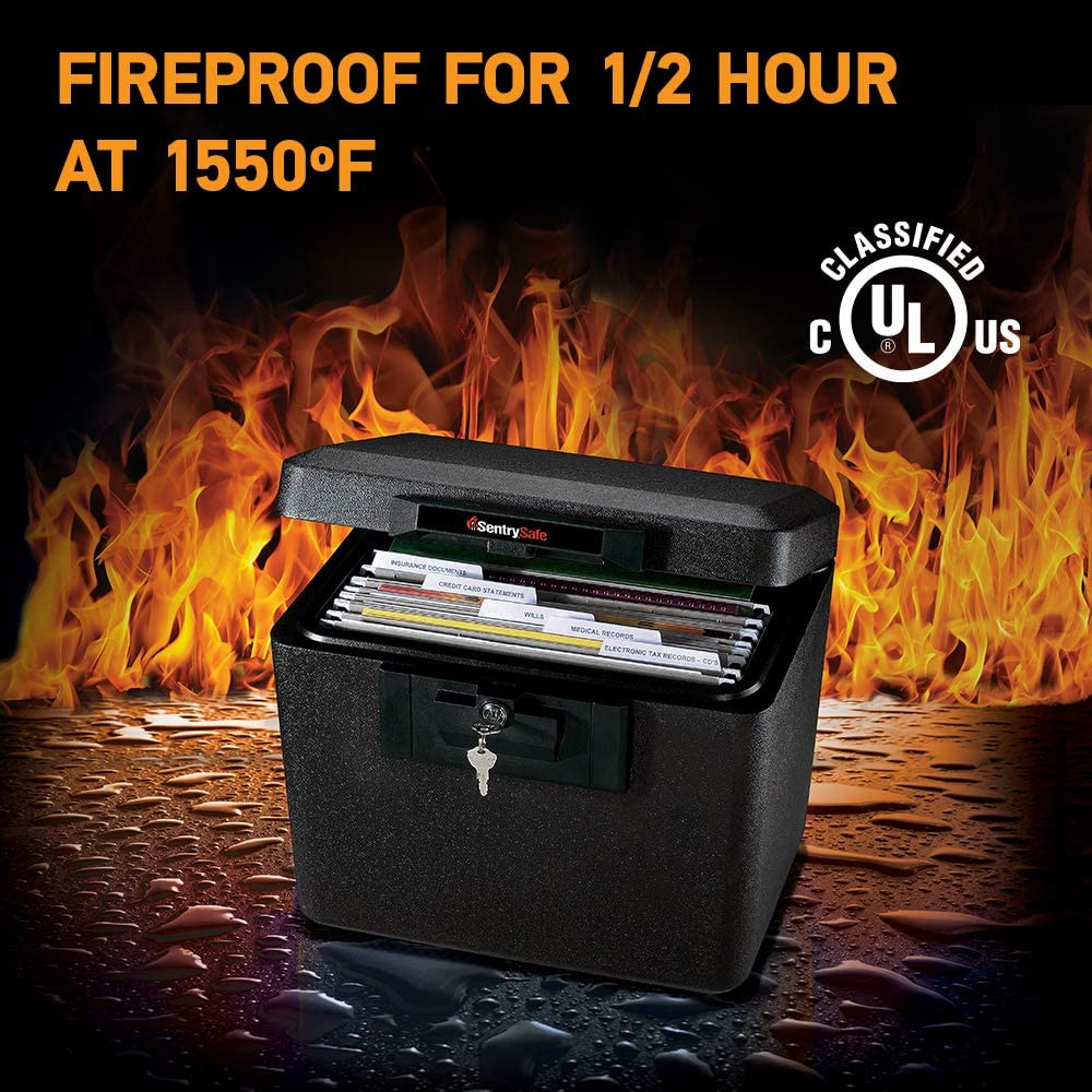 Black Fireproof Document Box with Key Lock, Safe Secures Files and Documents for