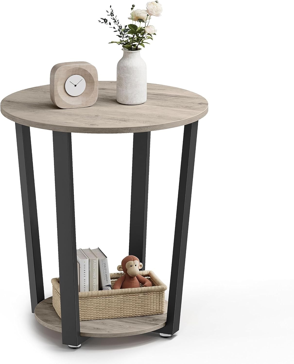 Round Side End Table 2-Tier Accent Bedside Table W/ Storage Shelf Easy Assembly