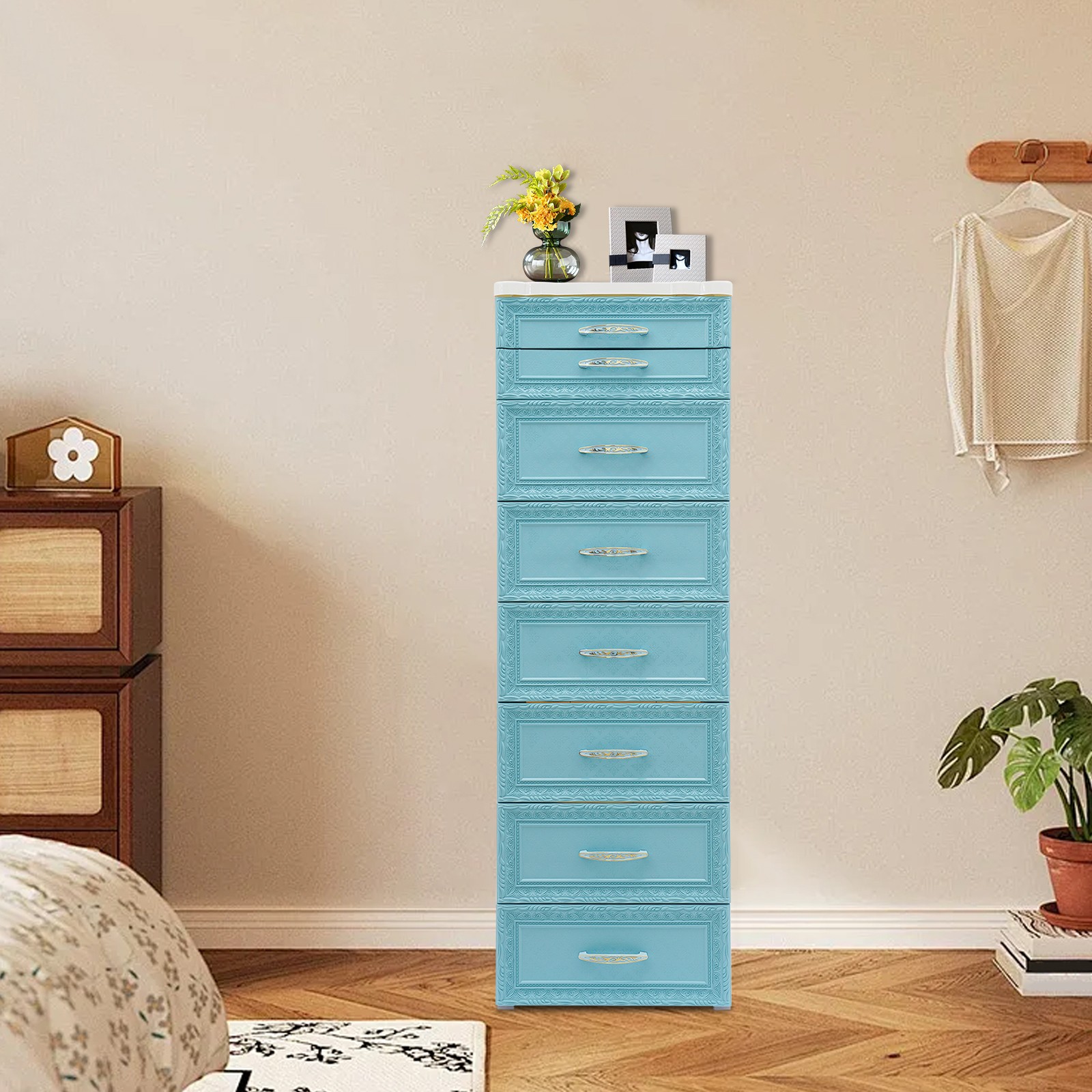 7 Tiers Storage Cabinet, Storage Organizer with Drawers/Wheels (15*12.6*45.7in)
