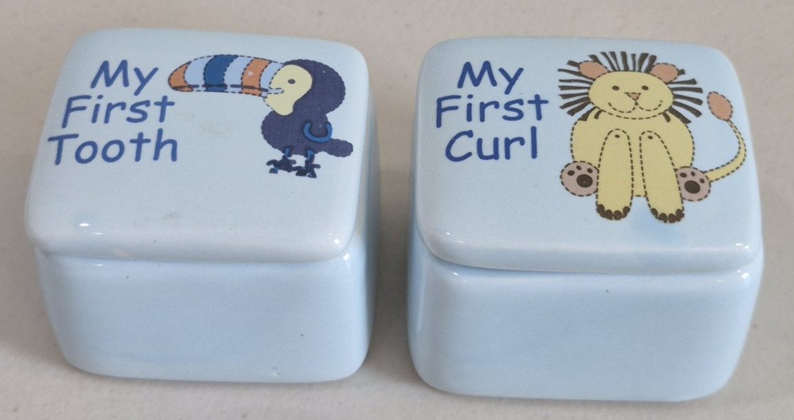 2 Ceramic Keepsake Boxes First Tooth First Curl 2"x1.75"
