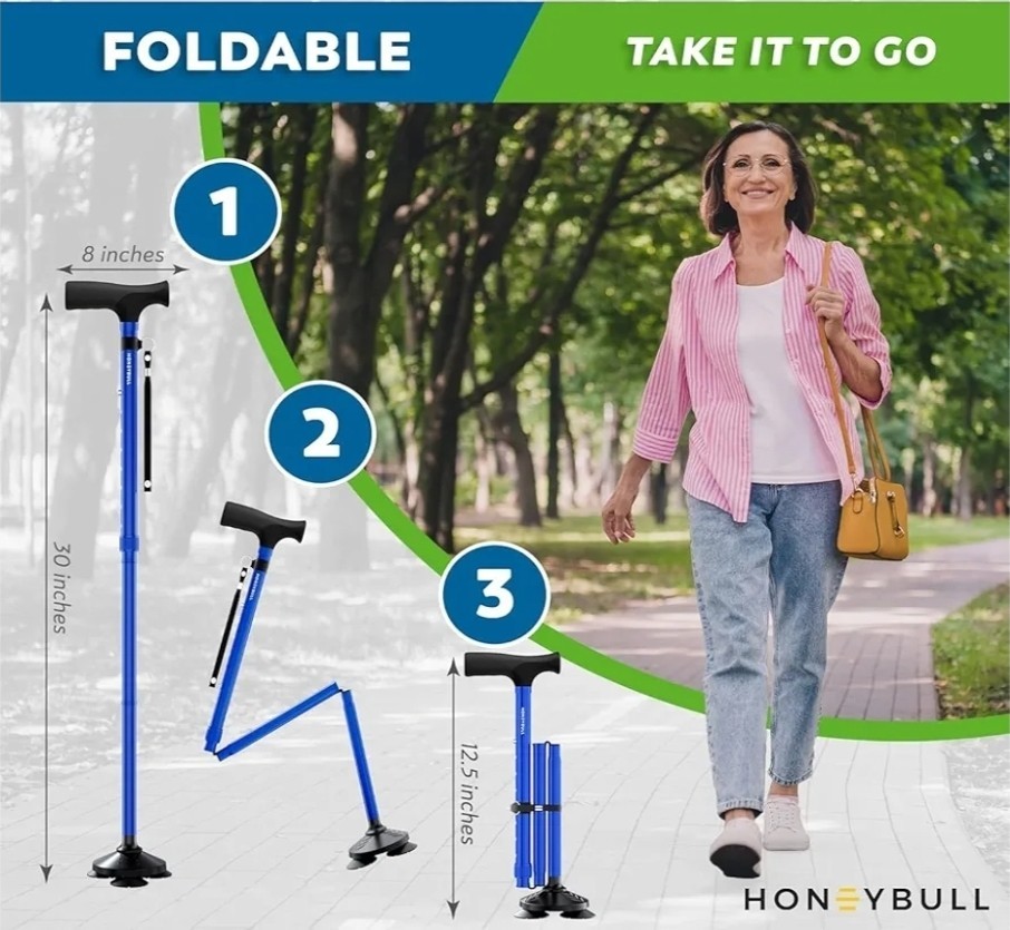 Walking Cane Foldable, Adjustable, Collapsible, Free Standing Blue