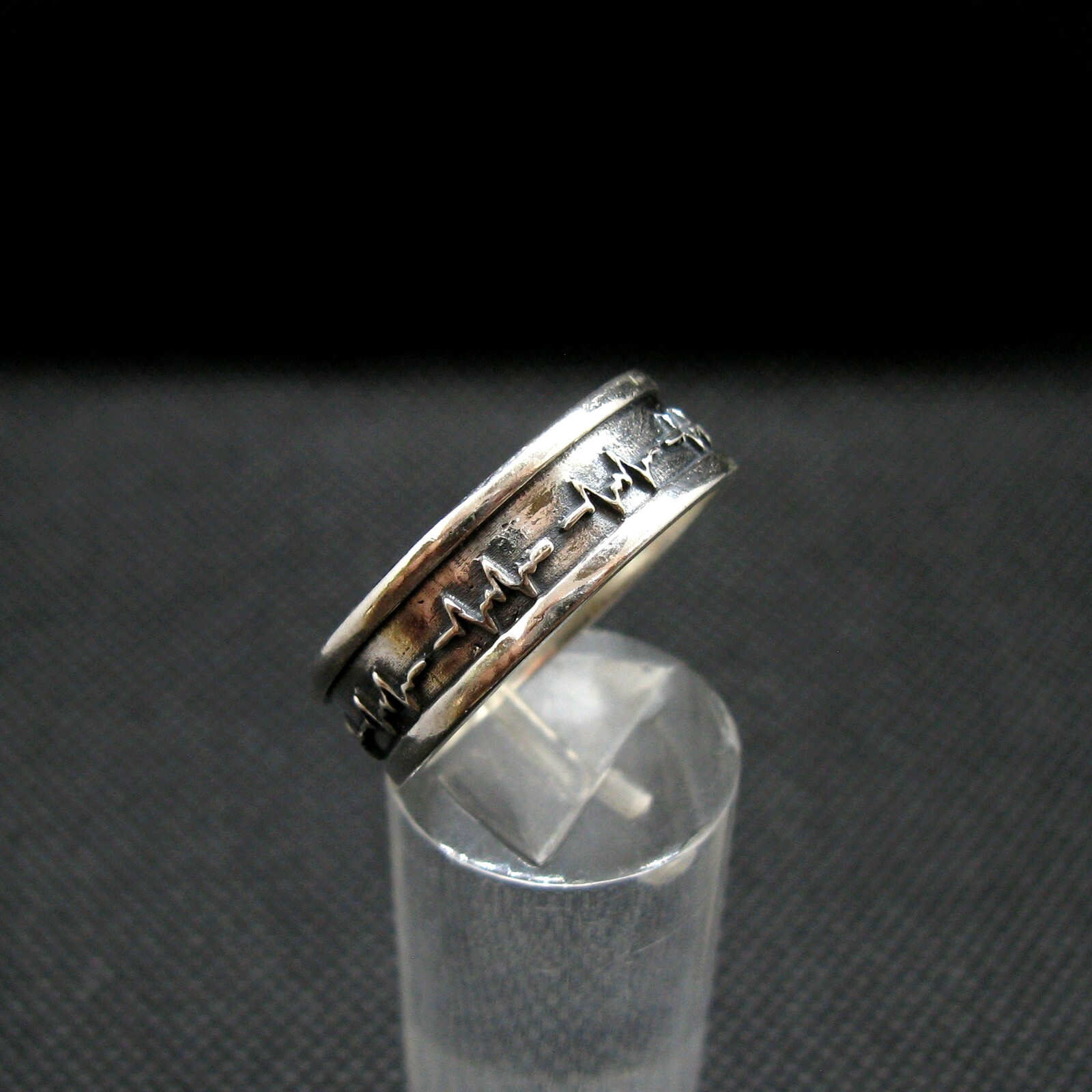 925 Silver Ring Band Handmade Cardiogram Pattern Width 8mm Size 46-75