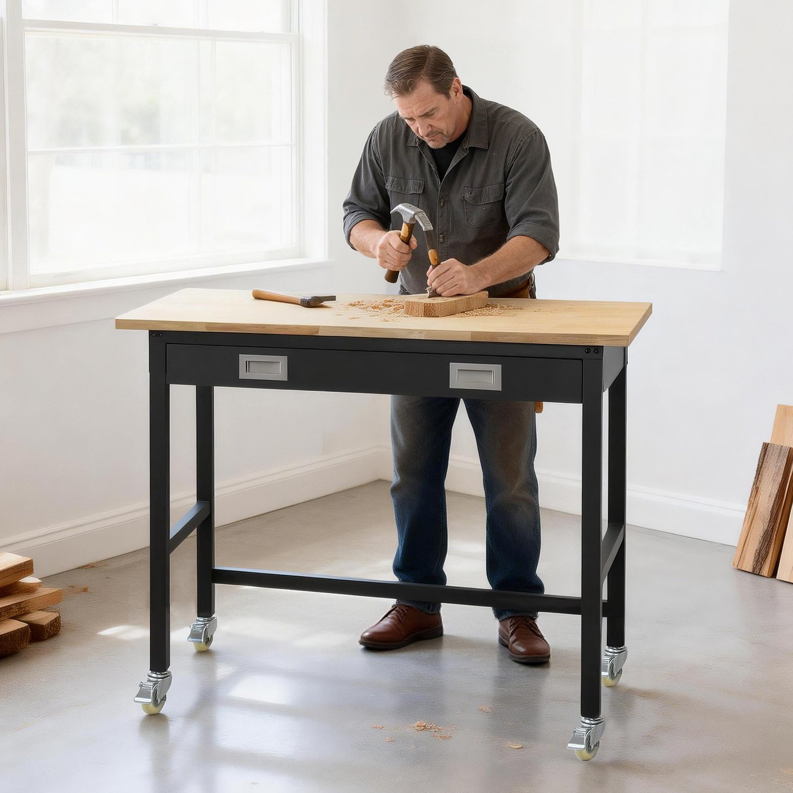 48 in Workbench 1500 lb Capacity Oak Top with Drawer Wheels