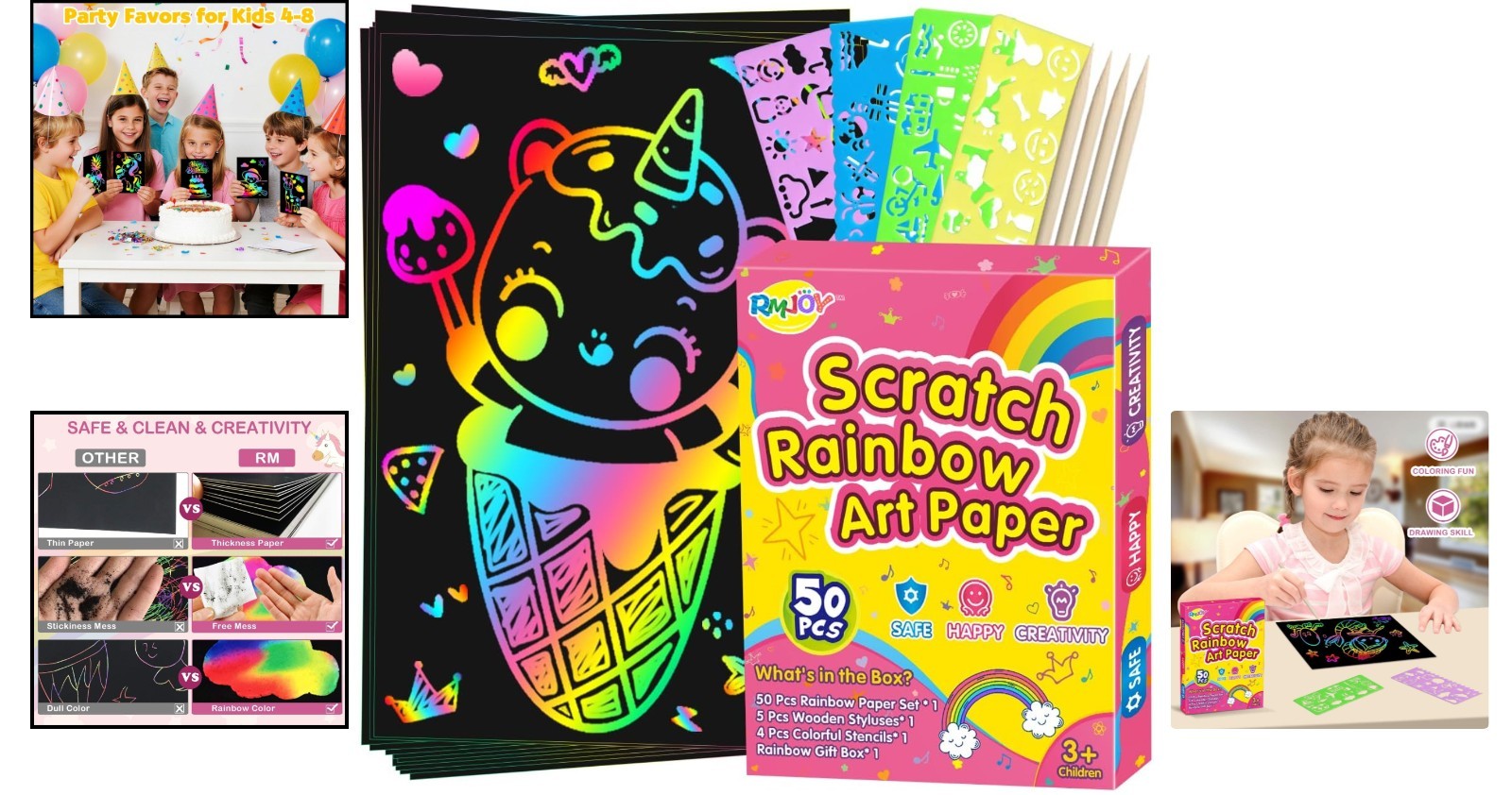 Creative Rainbow Scratch Art Set - 50 Scratch Papers with Stencils for Ages 3-12