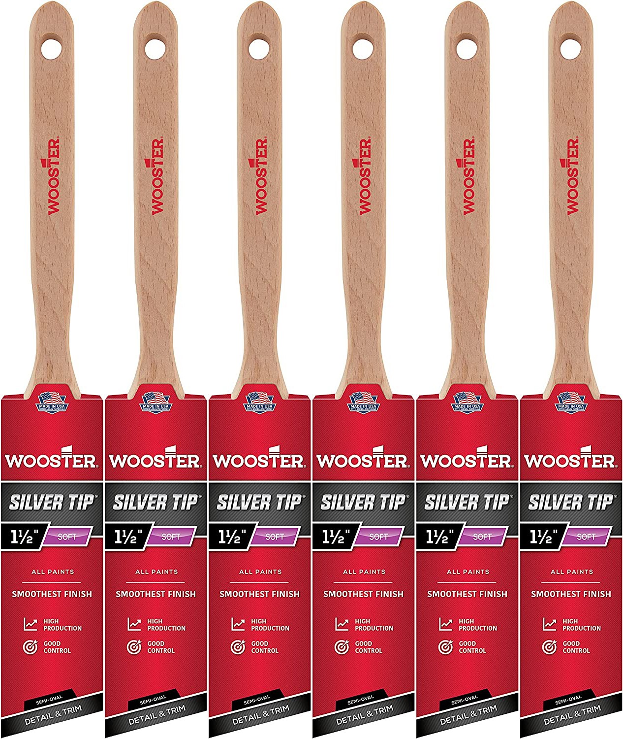 Wooster 1.5" Silver Tip Semi-Oval Angle Sash Paintbrush 6-Pack, 5228-1.5-6PK