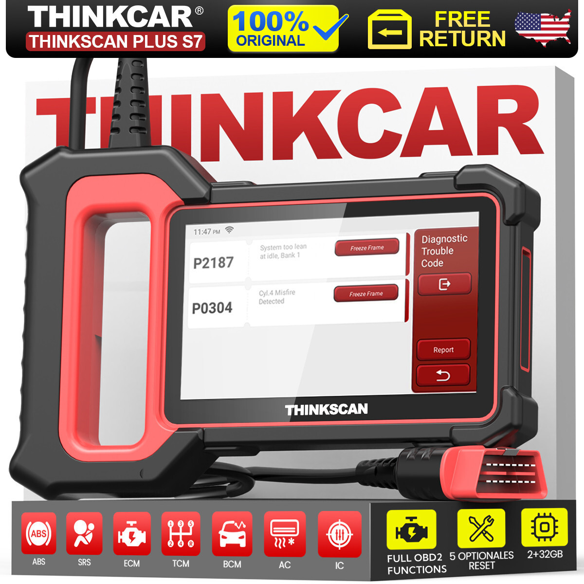 ThinkScan Plus S7 OBD2 Scanner Code Reader ABS SRS Car Engine Diagnostic Tool