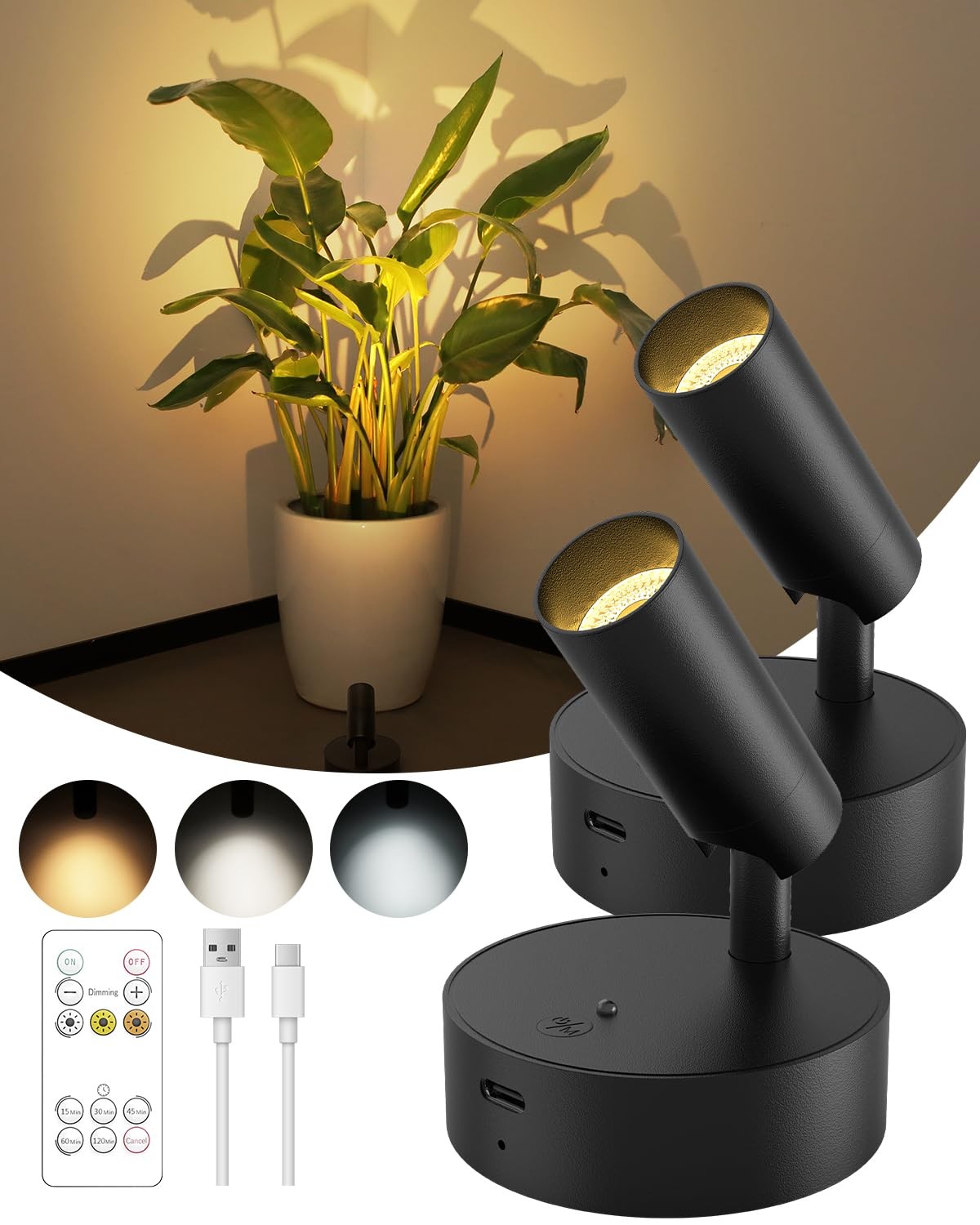 Spotlights Indoor with Remote, 3000mAh Rechargeable Battery Plant Spotlight I...