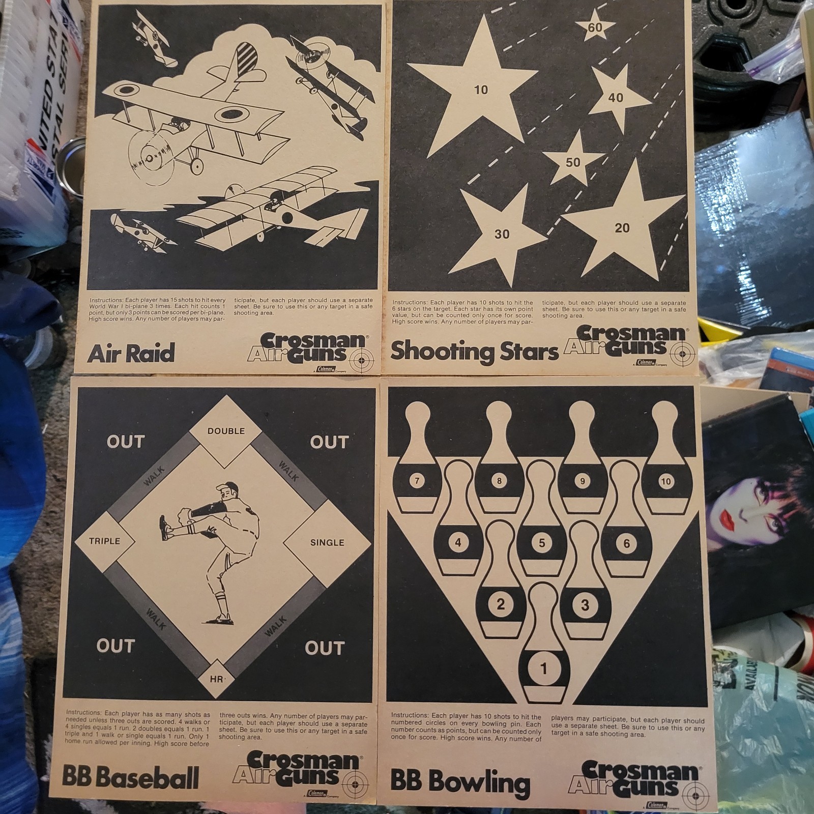Vintage RARE Crosman Air guns targets Coleman co. BB Air Raid Biwling 8.5" x 11"