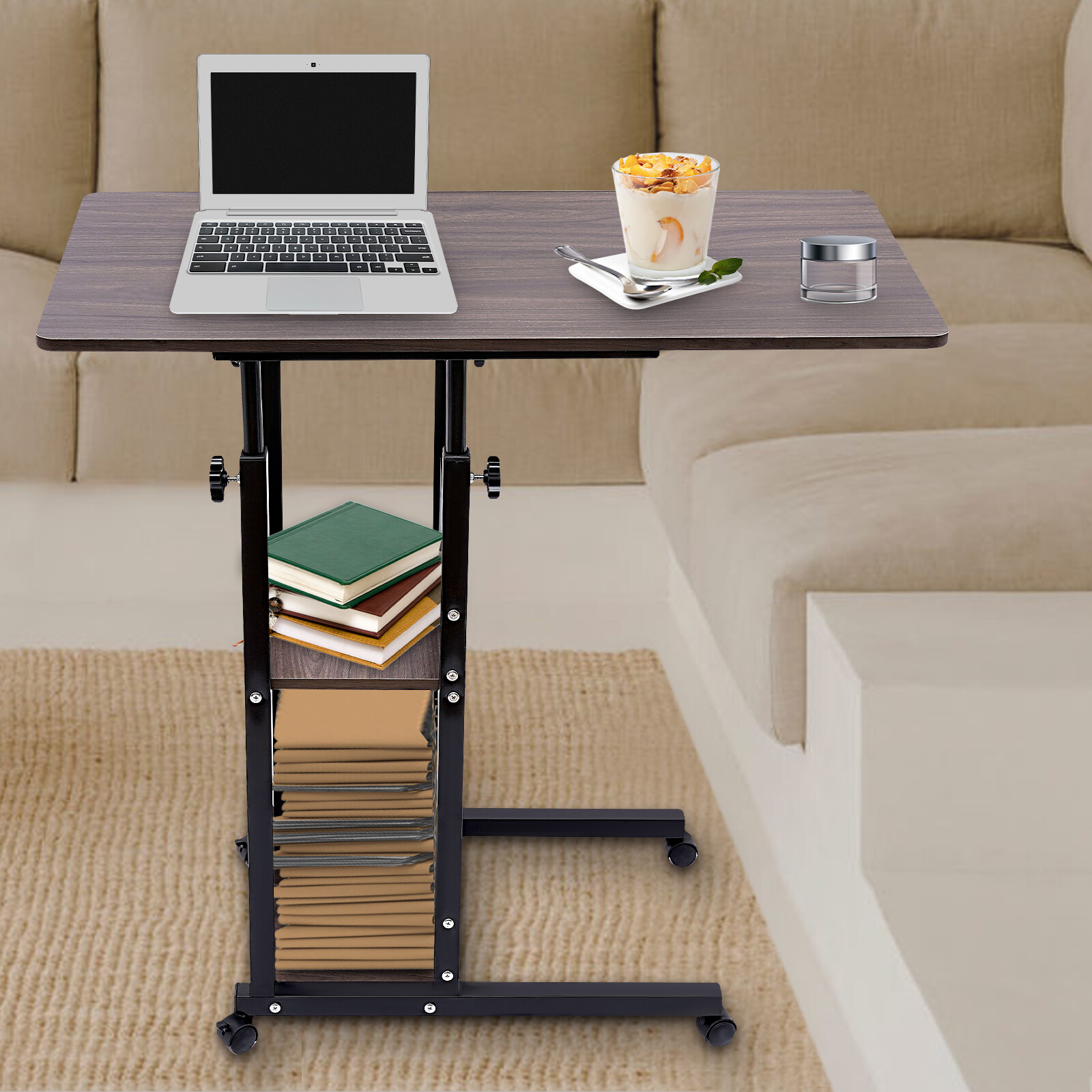 Height Adjustable C Table with Wheels and Storage Shelves for Couch Bed Recliner