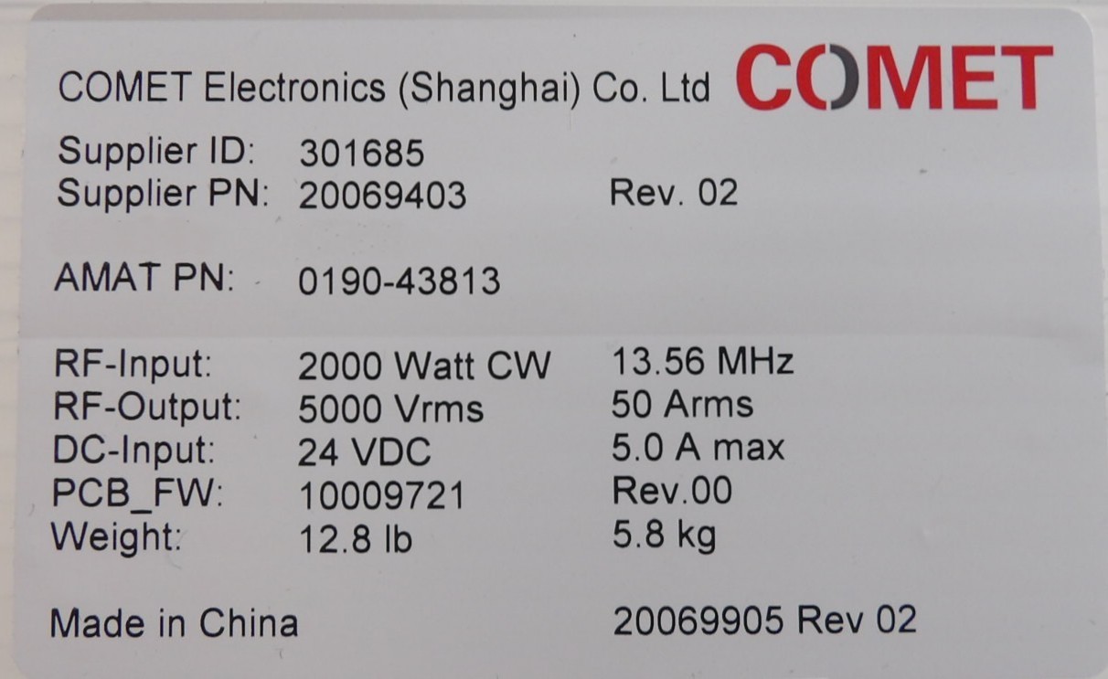 Comet Technologies 20069403 RF Match 2000W @ 13.56MHz New Surplus
