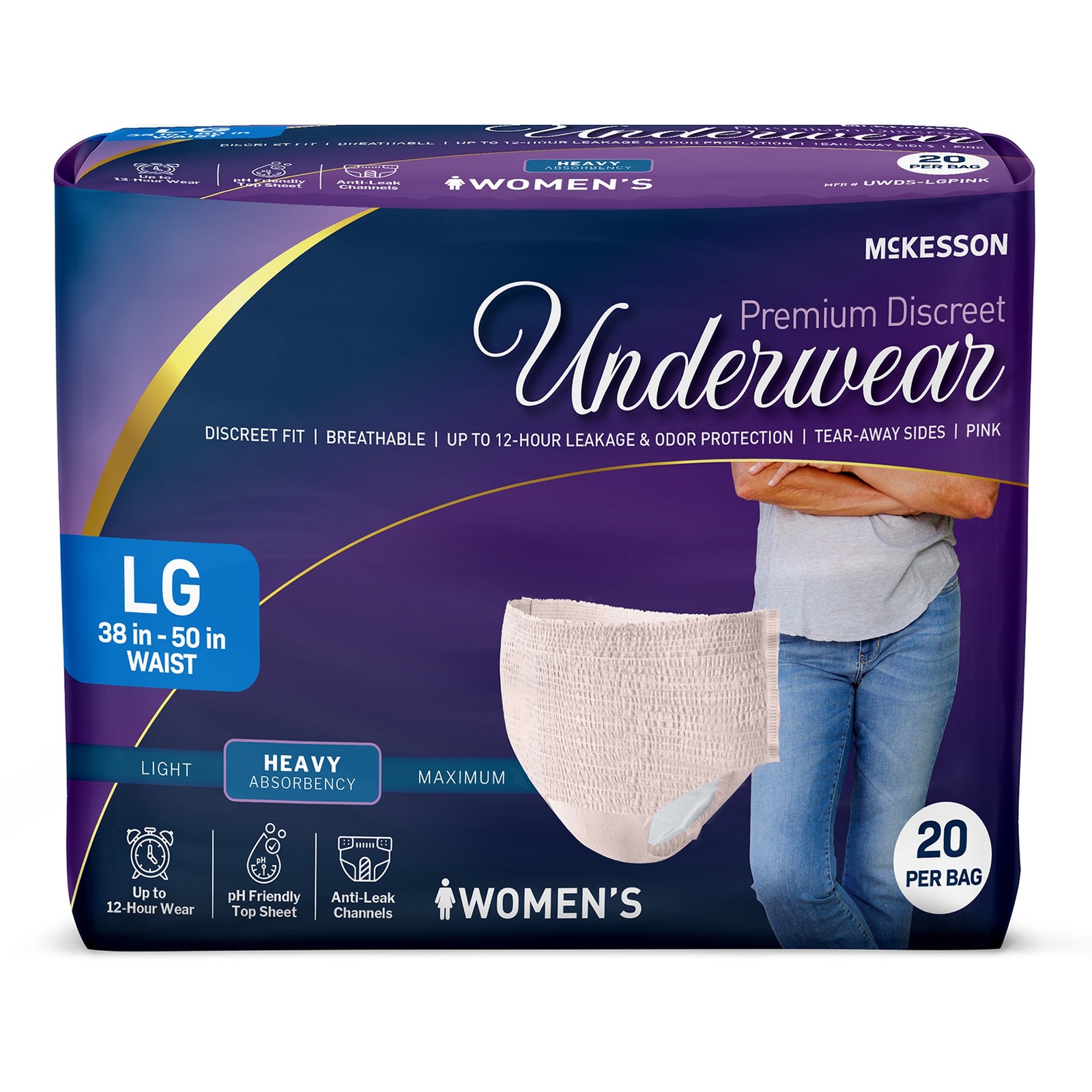 McKesson Premium Discreet Heavy Underwear L Breathable UWDS-LGPINK 70 80 Ct