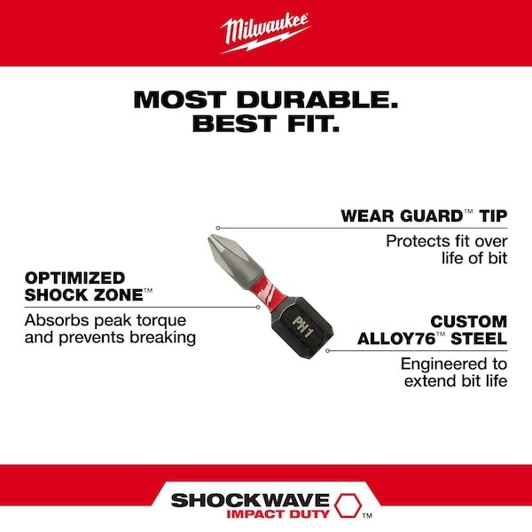 Milwaukee Tool 48-32-4605 Shockwave Impact Square Recess No. 2 Insert Bits (5