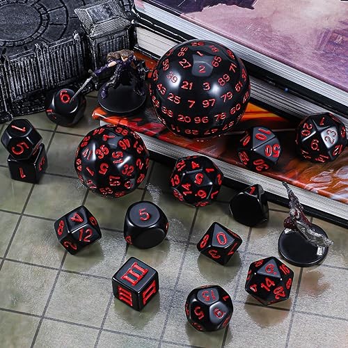 DND Polyhedral Dice Set (15pcs) D4-D100 Game Dice with Dice Bag Black & Red