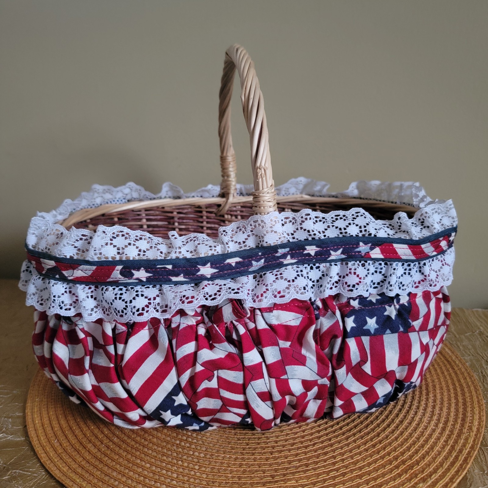 VTG American Flag Fabric Lace Basket w/ Handle Storage Bread Picnic 4th of July