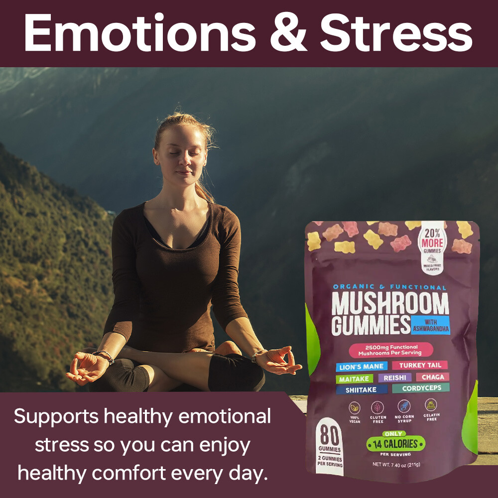 Functional Mushroom Gummies, 2500mg w/Ashwagandha Shiit Blend for Focus Immunity