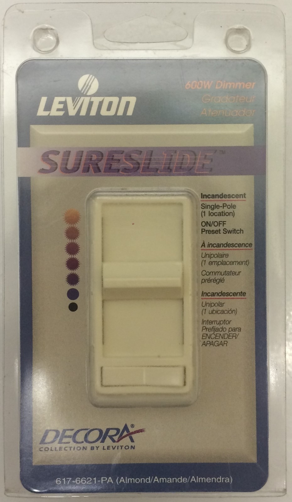 Lot of 4 Leviton Decora Single Pole Slide Light Dimmers w/ On/Off Switch 6621-PA