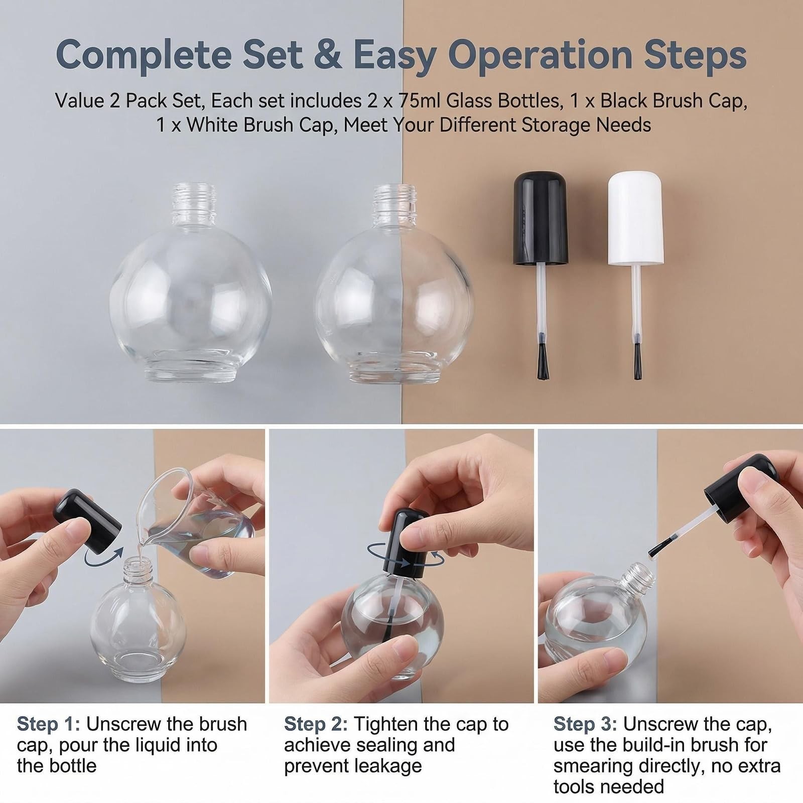 2Pcs 75ml/2.5oz Empty Nail Polish Bottles with Brush Spherical Clear Refillab...