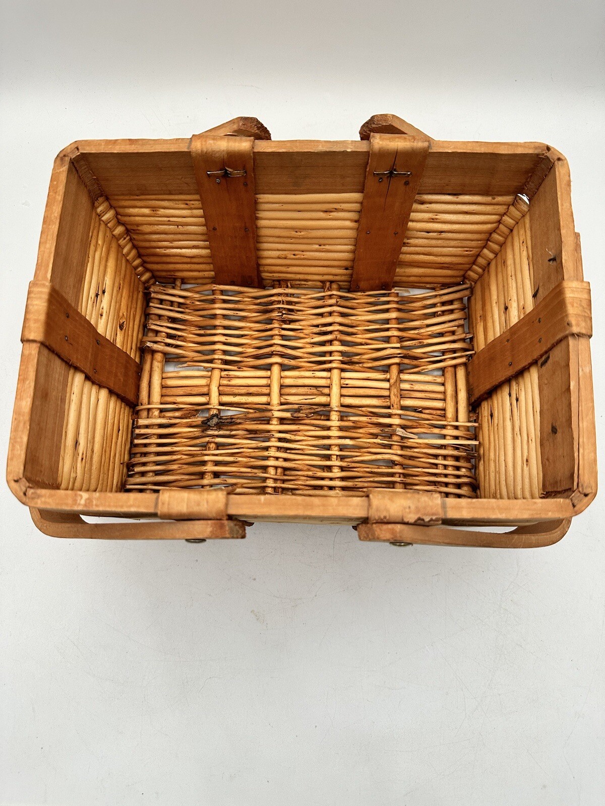 Vintage Woven Wood Gathering Basket With Folding Handles