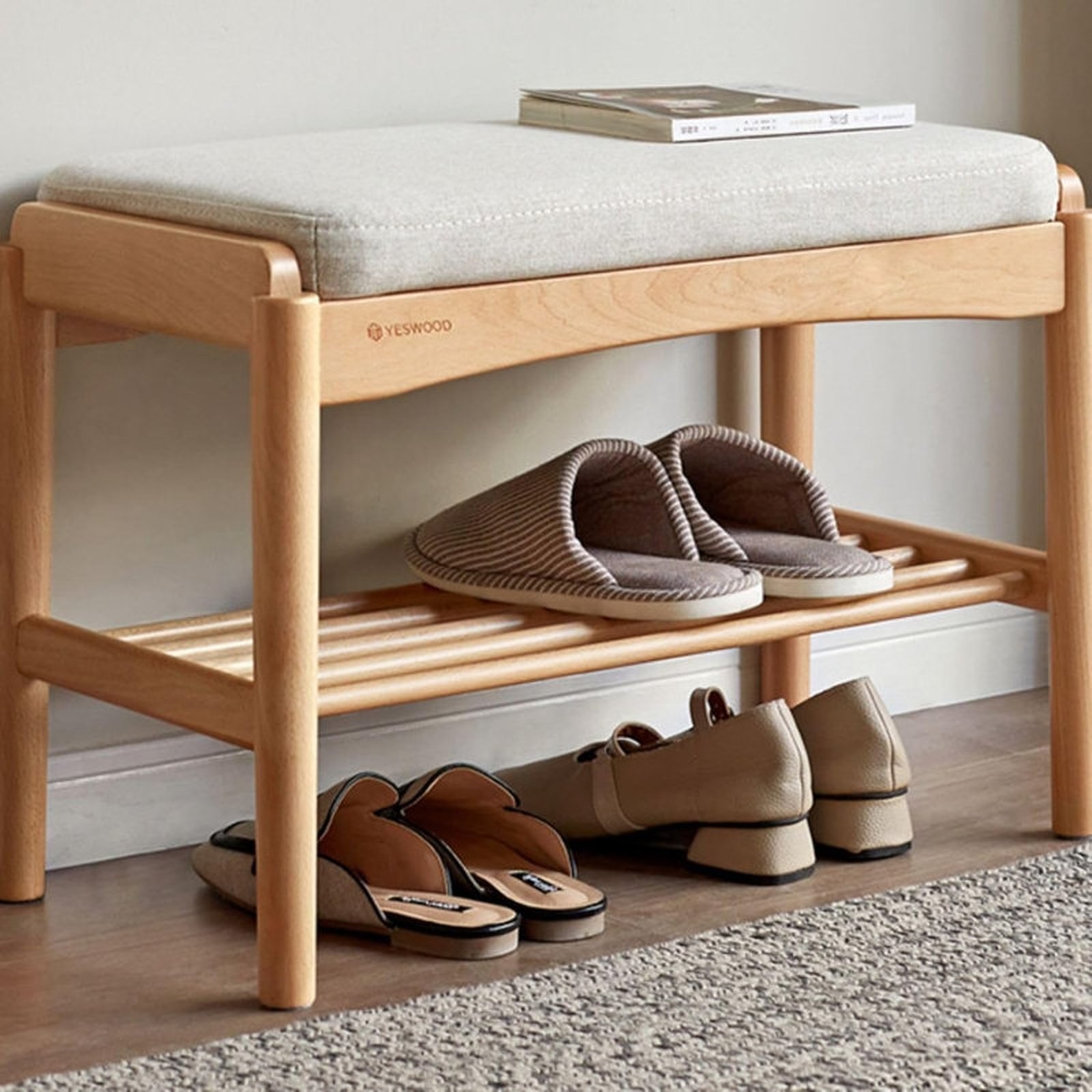 East Urban Home Solid Oak Upholstered Shoe Bench