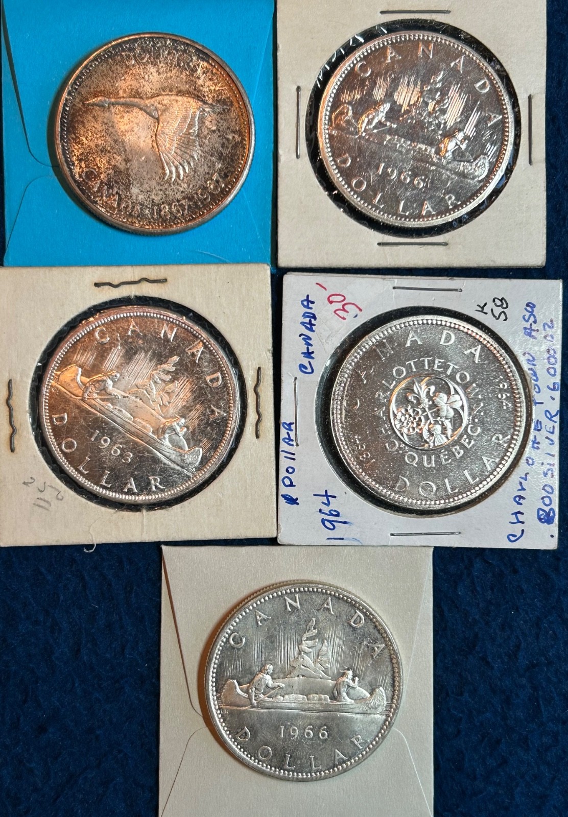 Lot of 5 Canada Silver 1 Dollar Fineness .800 1963 1964 1966 1967