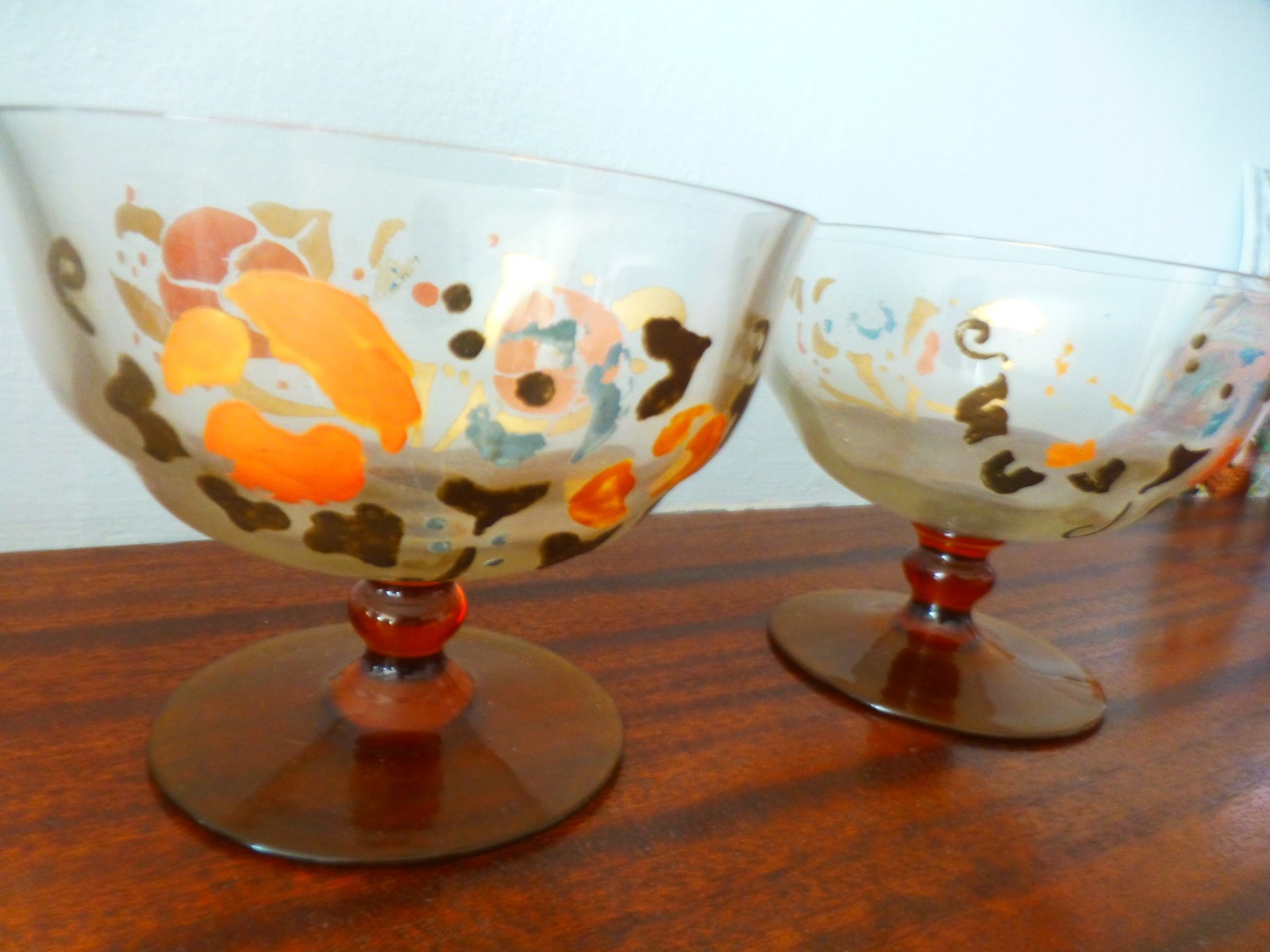 2 Antique hand painted glass dishes bowls on stems