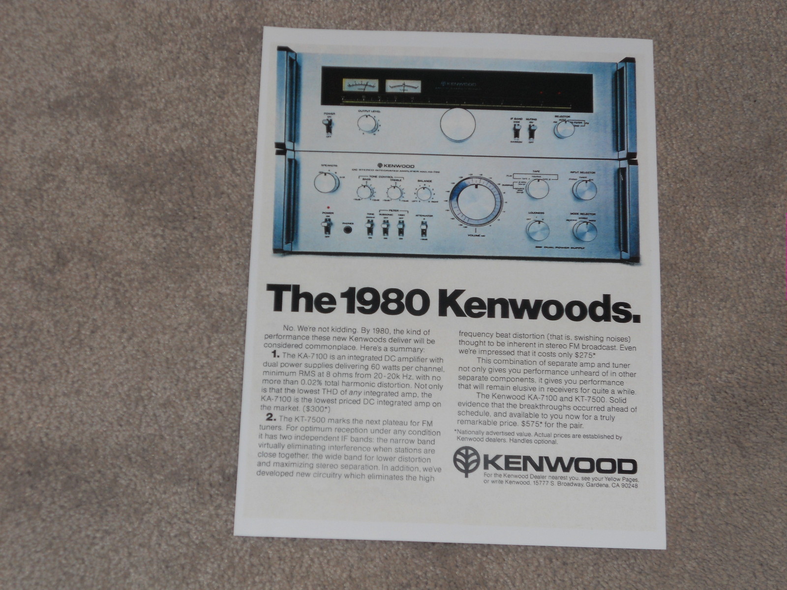 Kenwood Amplfier & Tuner Ad, KA-7100, KT-7500 Article, 1 page, ready to frame