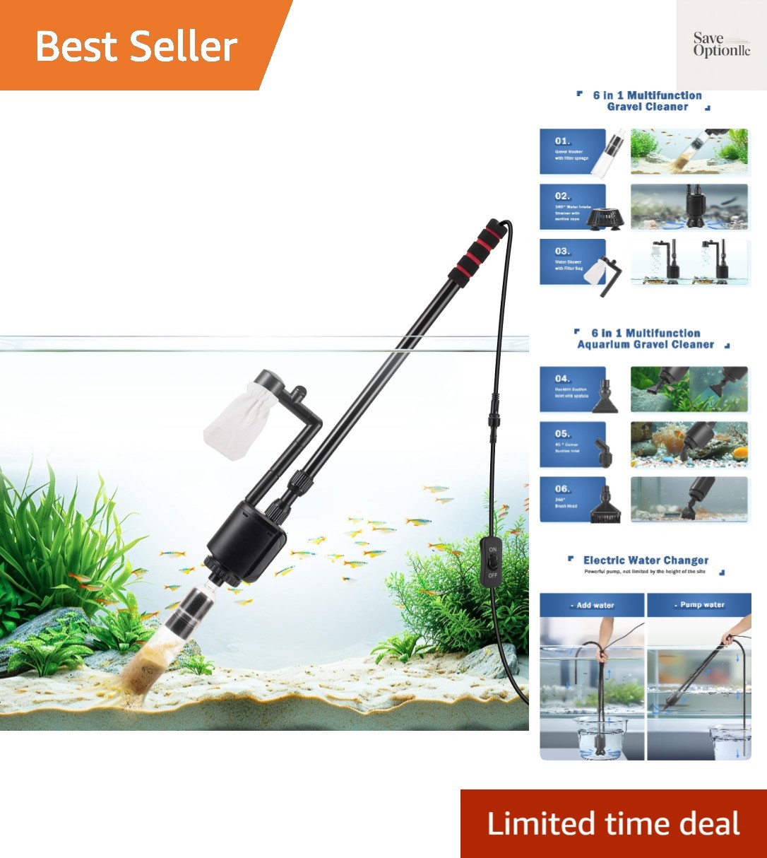 Electric Aquarium Vacuum Gravel Cleaner, 6 in 1 Automatic Fish Tank Vacuum Cl...