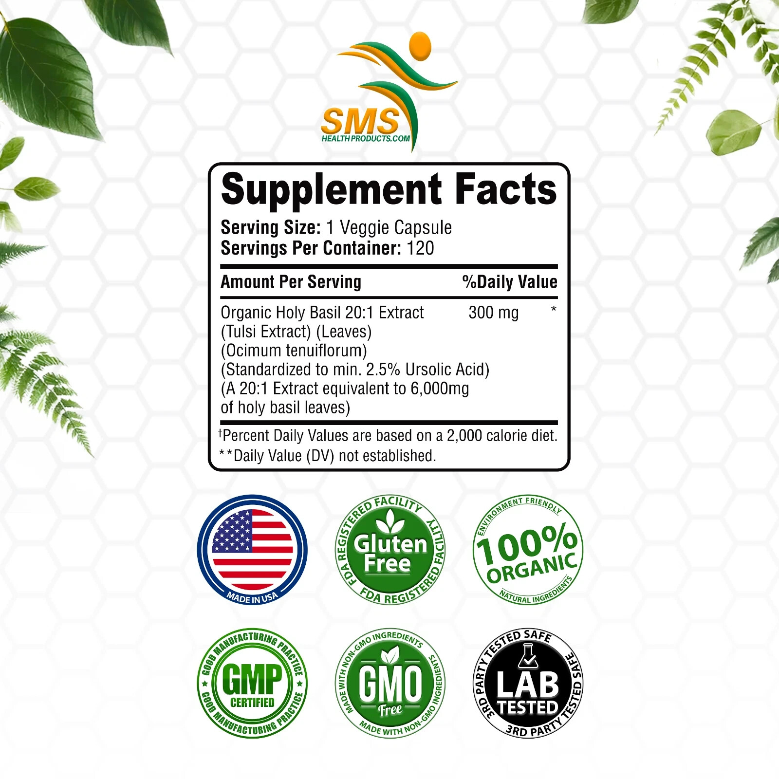 Holy Basil 20:1 Extract 2.5% Ursolic Acid Organic 120 Veg Capsules Made in USA