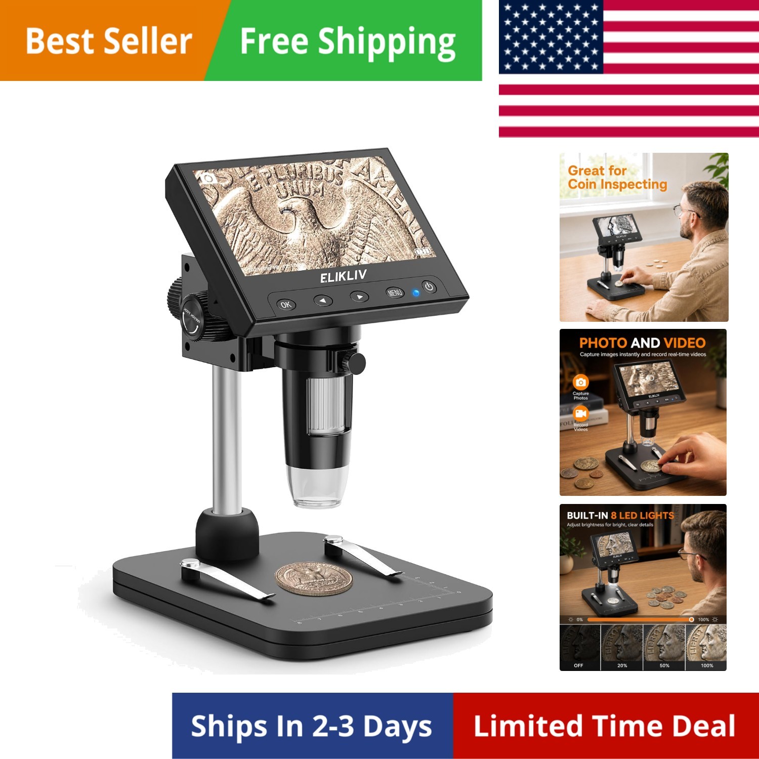 Coin Microscope, 4.3'' LCD Digital Microscope 1000x, Coin Magnifier with 8 Ad...
