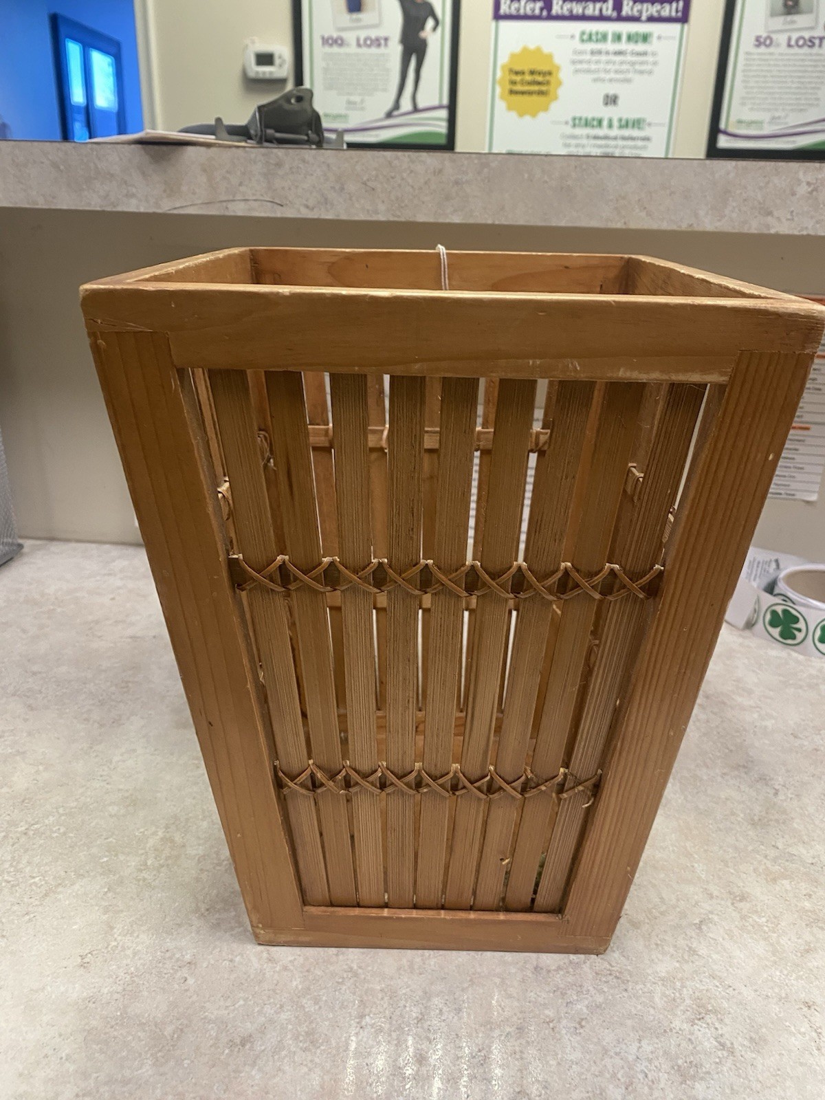 Vintage Bamboo Rectangular Wastebasket Handmade Brown Indoor Non-Lidded