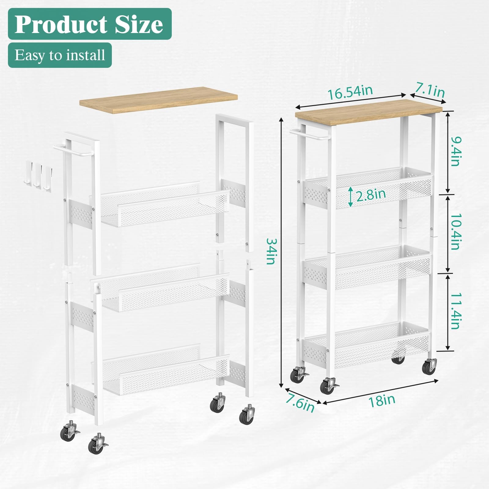 Slim Rolling Storage Cart 4 Tier Bathroom Organizer Mobile Shelving Unit Util...