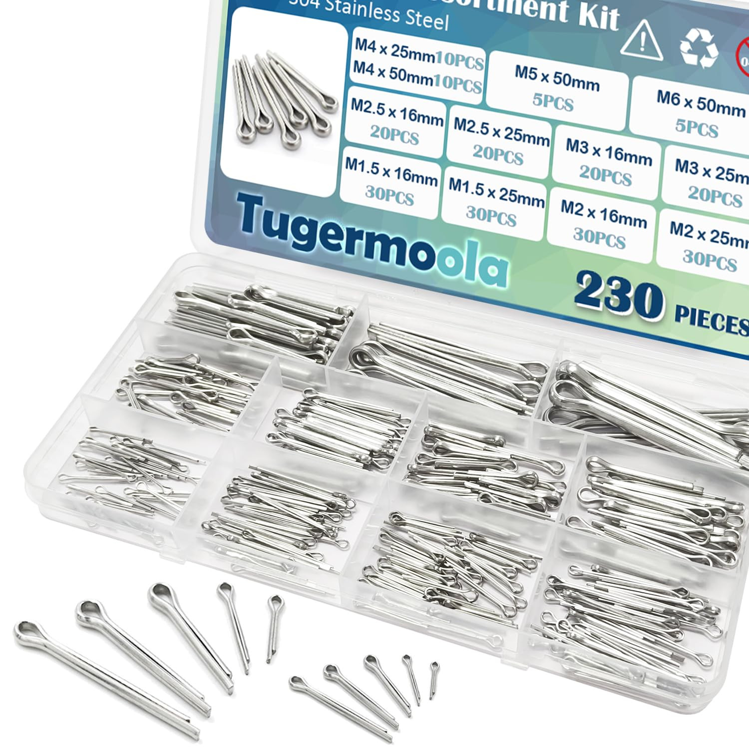 230PCS Cotter Pins Assortment Kit 304 Stainless Steel Split Pin.12 Sizes
