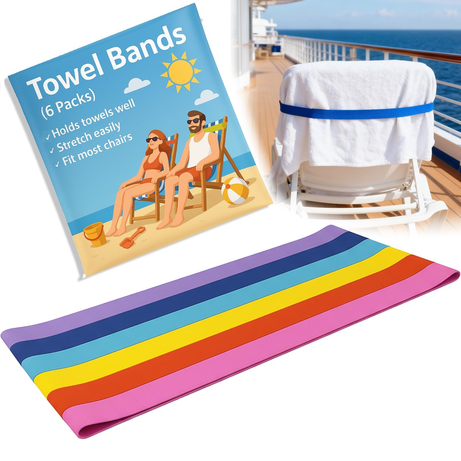 Extra Wide Beach Towel Bands, Straps, Chair, 6 Pack - 6 Colors