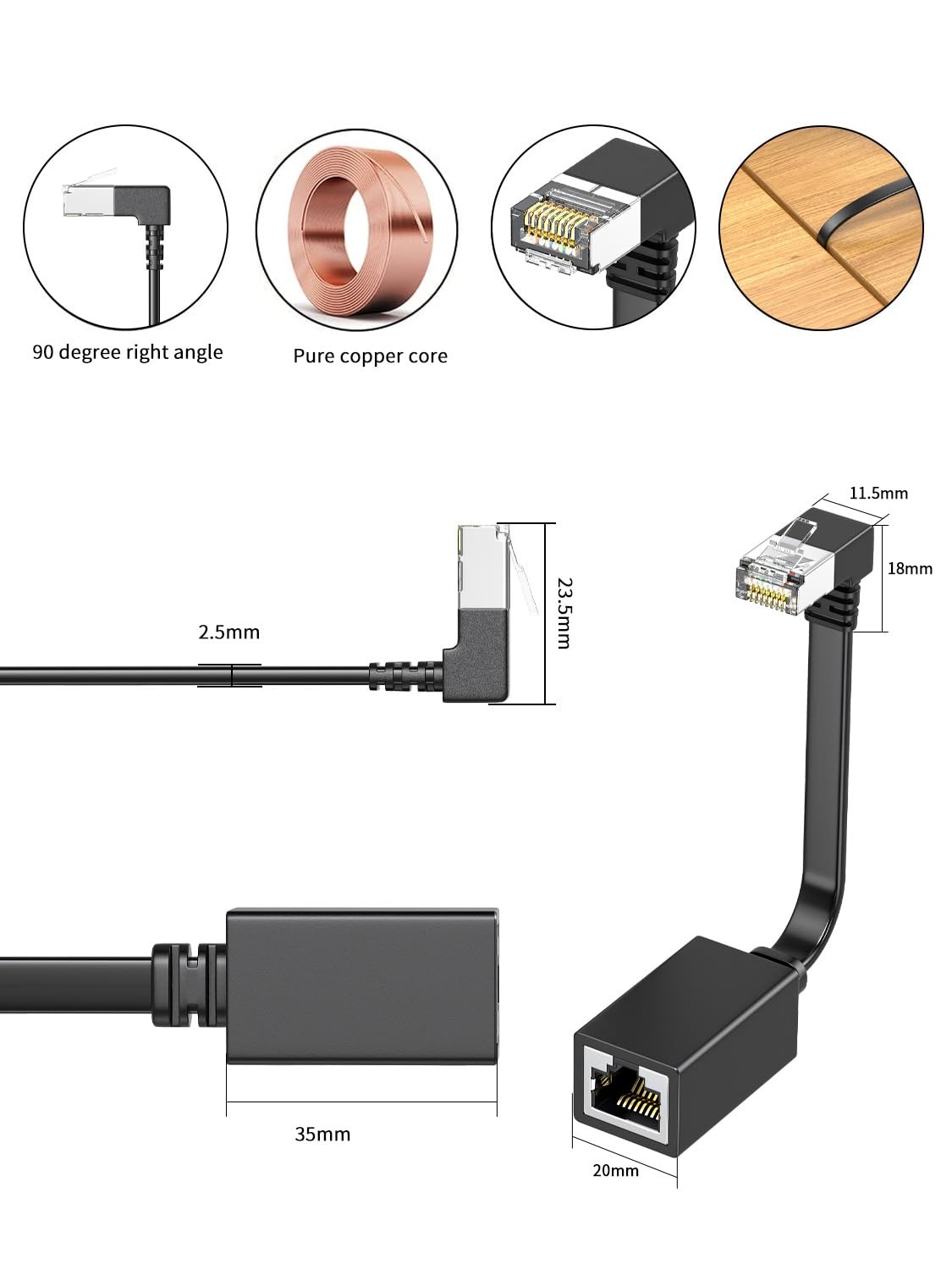 2 PCS Right Angle Cat7 Ethernet Extension Cable Flat 15CM/6inch 90 Degree