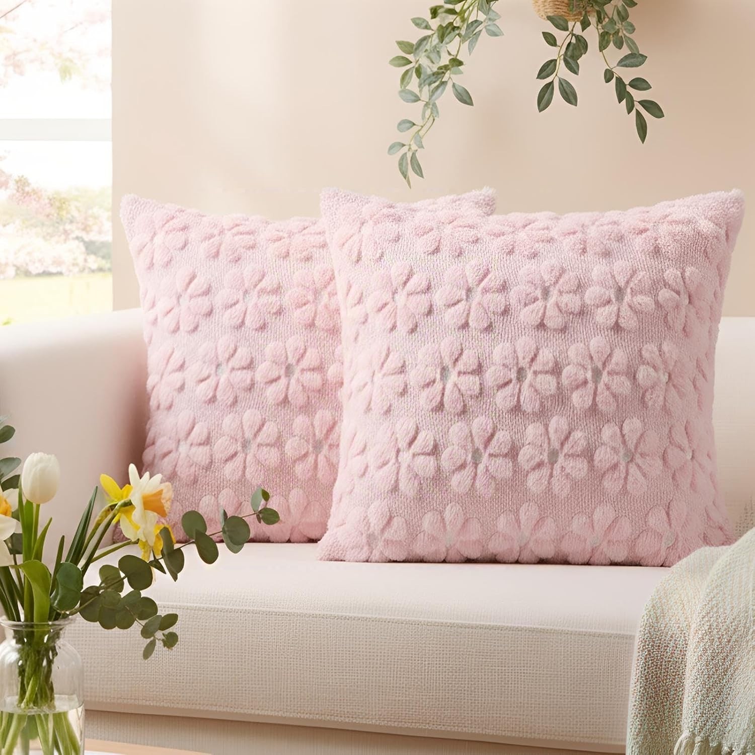 Chic 18x18 Faux Fur Throw Pillow Covers - Set of 2 Floral Design for Summer