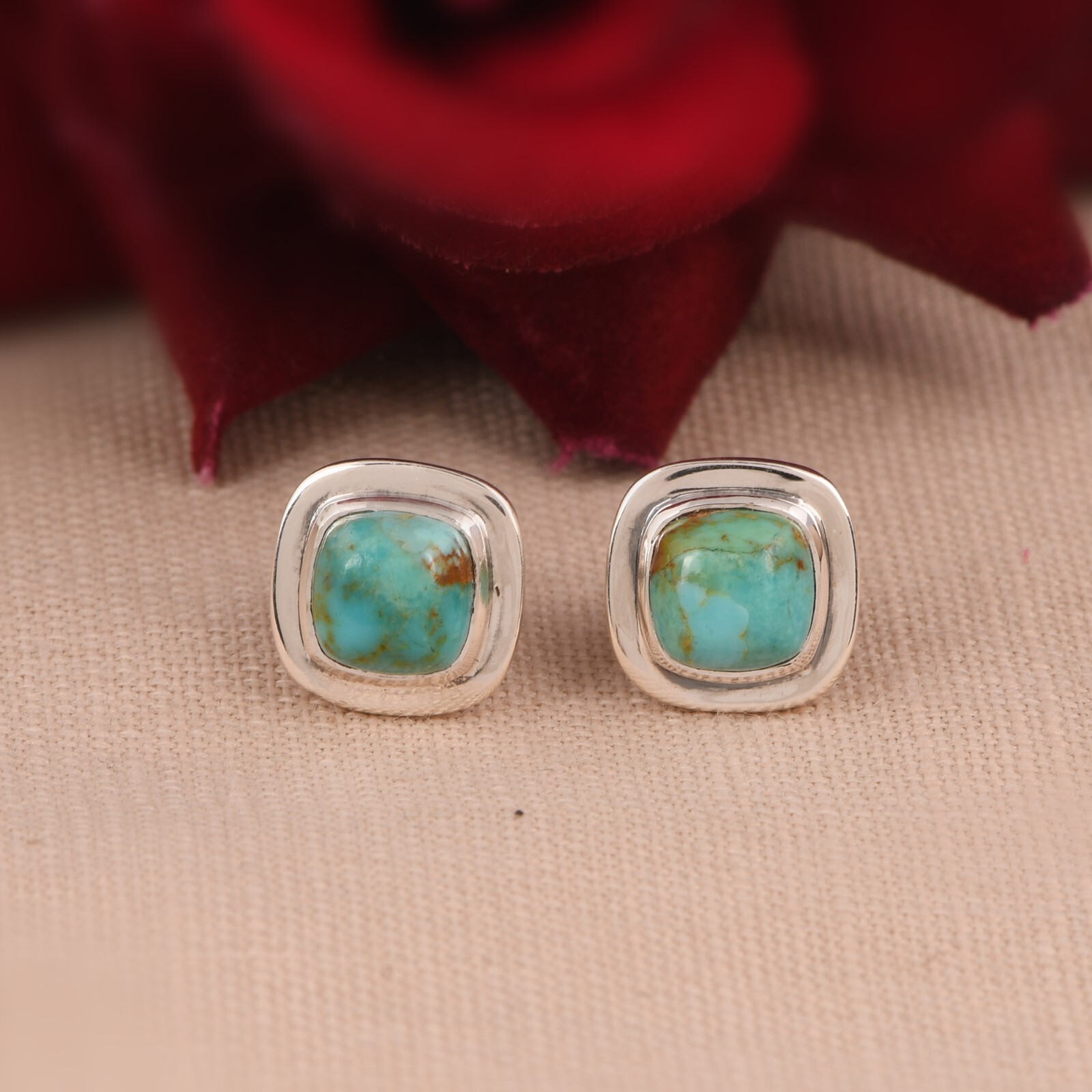 Birthstone 6mm Kingman Turquoise Stud Earrings 925 Silver Minimalist Jewelry
