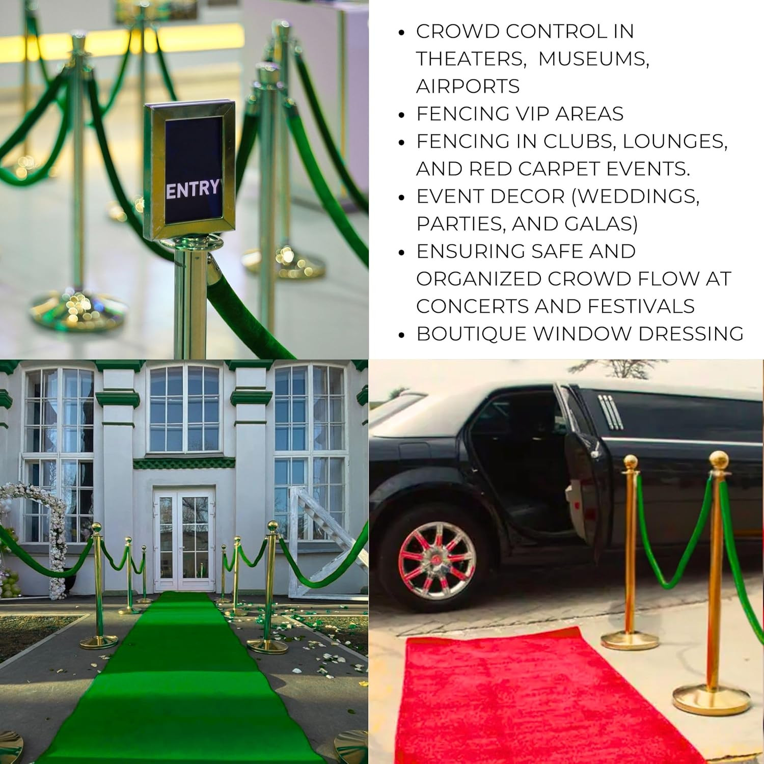 4 PСS Station Set for Parties - Green Velvet VIP Ropes for Hotel Lobby Rope S...