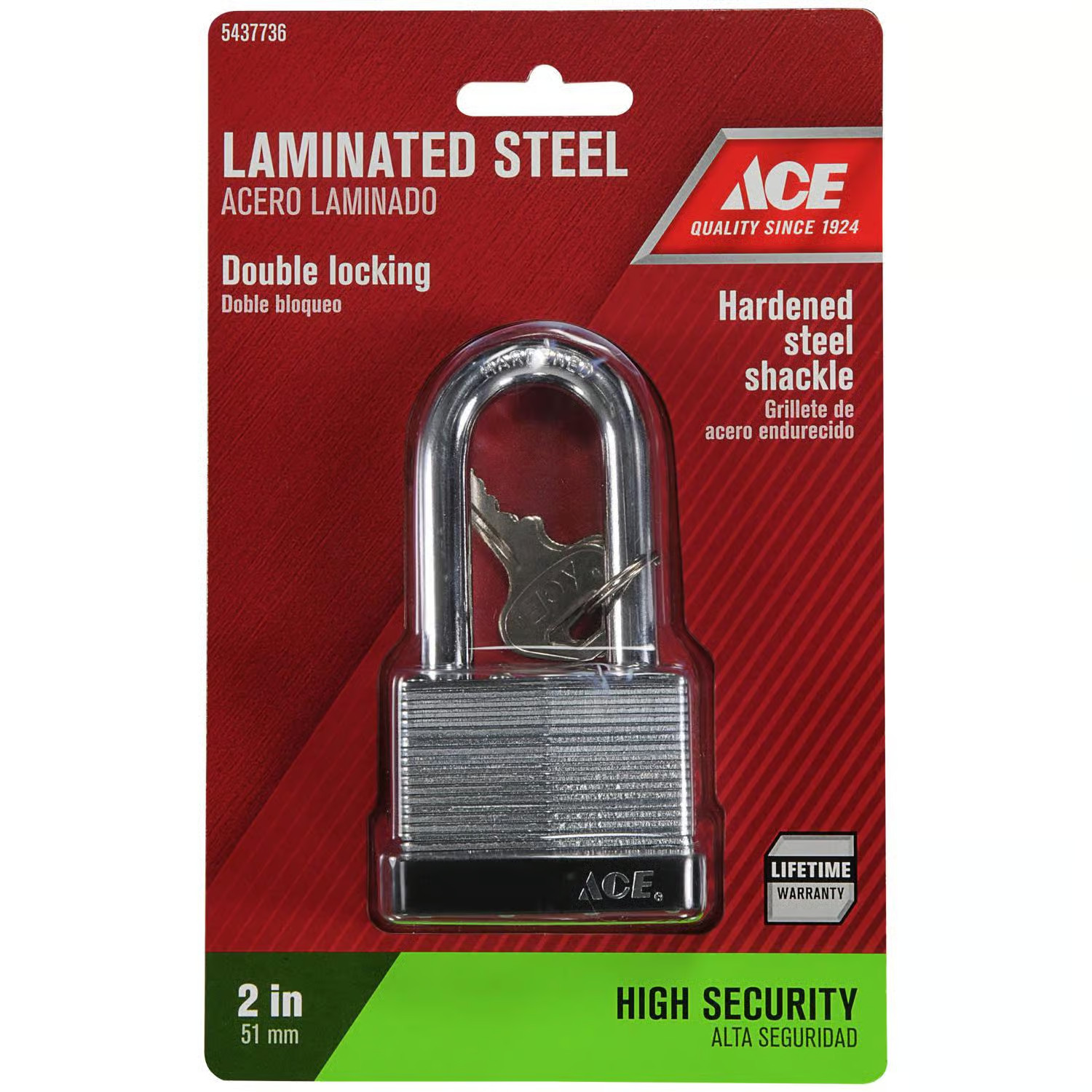 Ace Laminated Steel Double Locking Padlock 2" Wide Hardened Shackle Lock