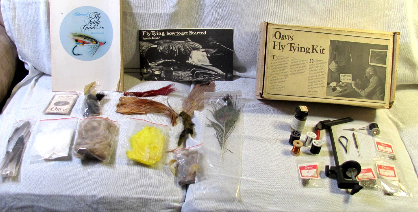 Vintage Orvis  Fly Tying Kit Thompson? Pro Vise Pattern Book Thread Foil Feather