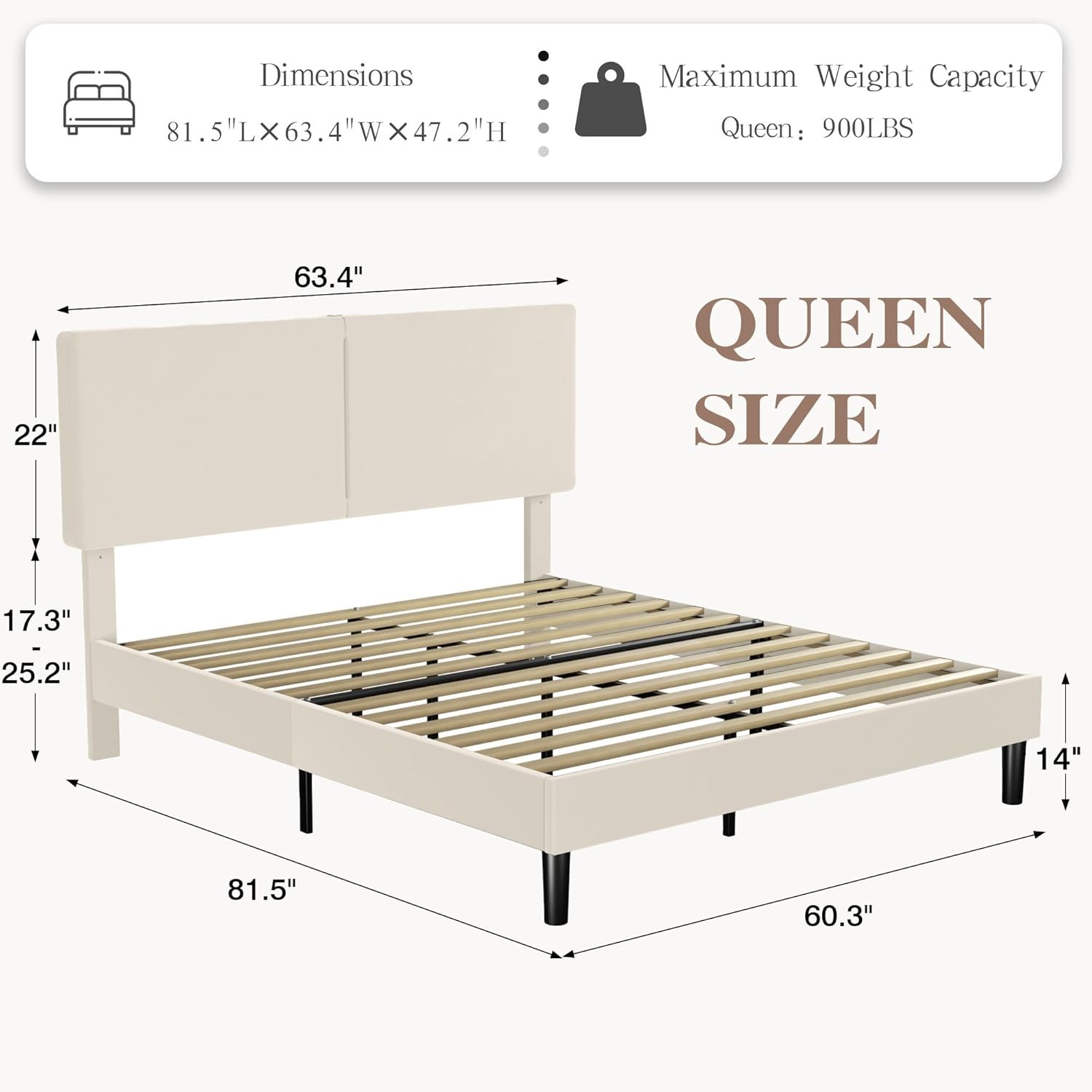 Full Bed Frame with Type-C & USB Ports, Upholstered Platform Height-Adjustble