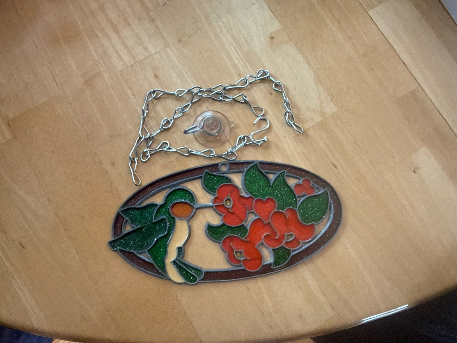 Hummingbird Oval Sun Catcher Faux Stained Glass, Plus Hanging Chains