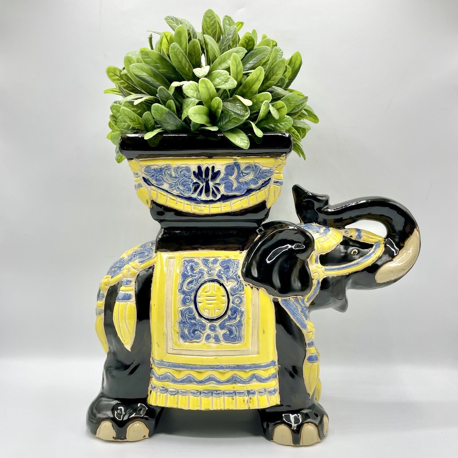 Vintage Boho Yellow & Blue Glazed Ceramic Elephant Planter Asian Revival Style