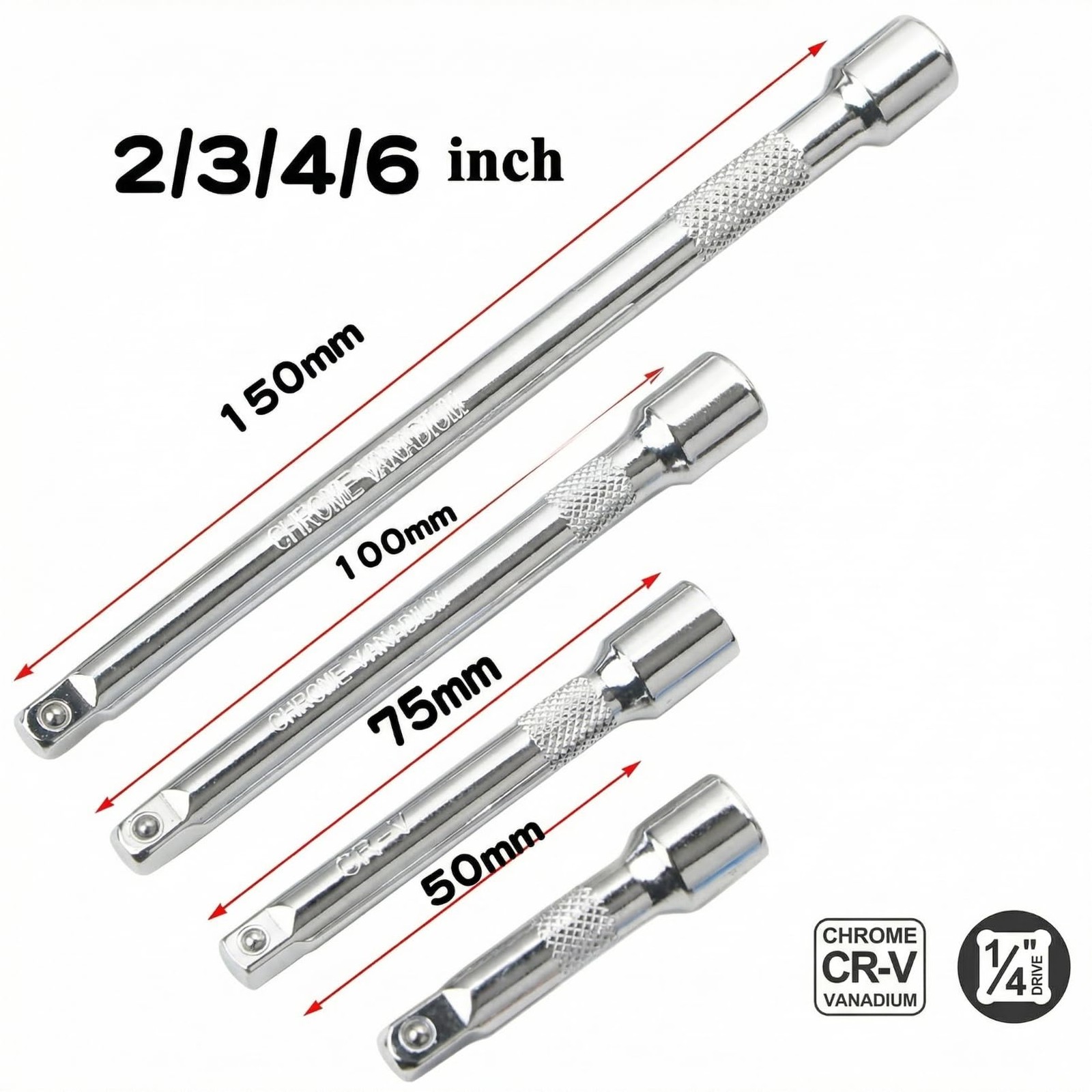 EMSTAR 4PCS 1/4" Drive Socket Extension Bar Set, Silver
