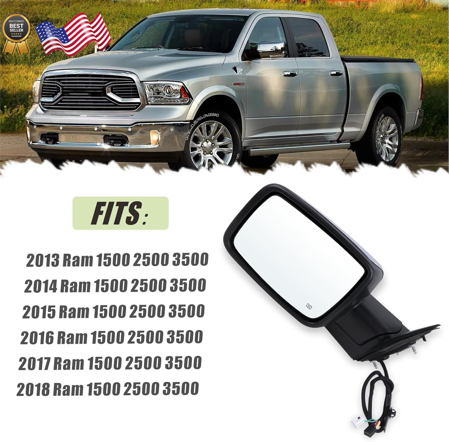 Left Driver Side Mirror Compatible with 2013-2018 Ram 1500 2500 3500 with Power