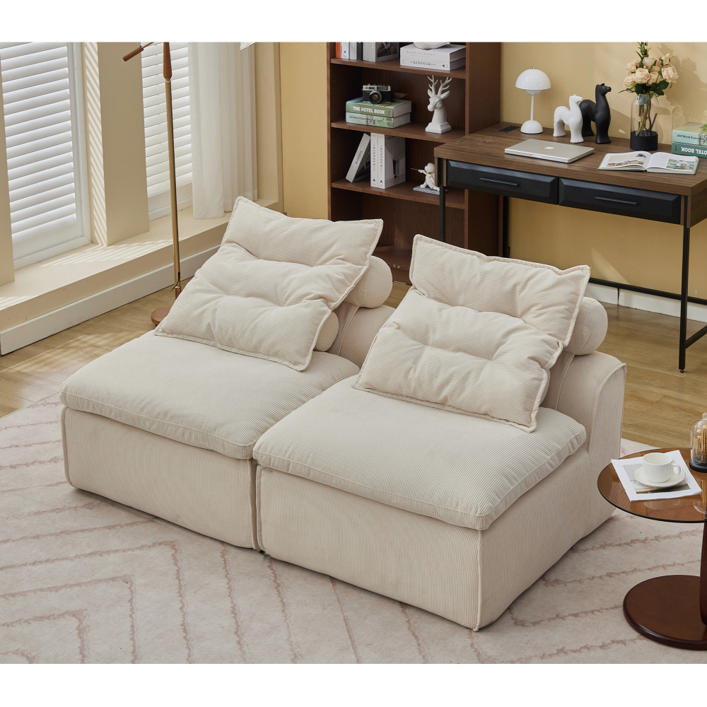 4-Piece Armless Corduroy Modular Sofa w/ Neck & Lumbar Pillows, Beige & Black