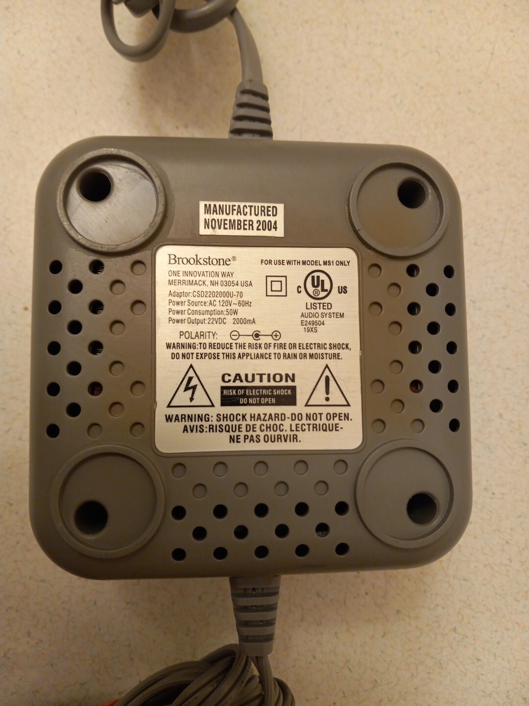 Brookstone Micro Bookshelf Stereo System Power Adaptor for Model MS1