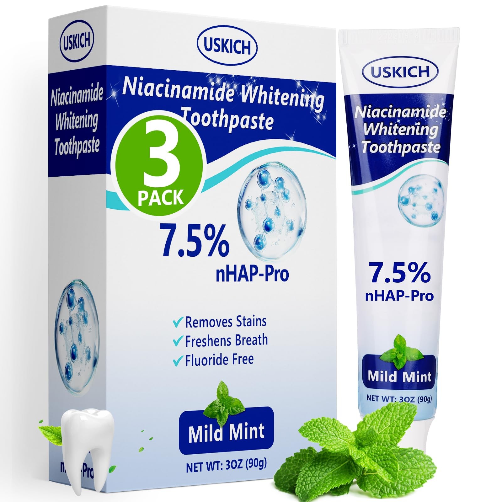 7.5% Nano Hydroxyapatite Toothpaste 3 Pack Whitening Natural Peppermint Fluoride