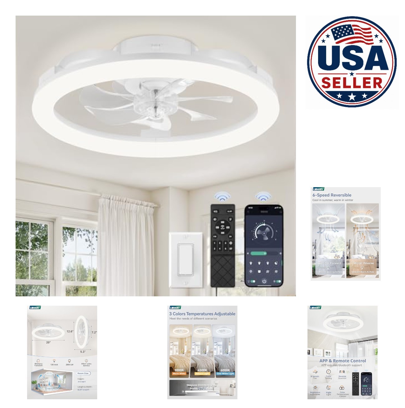 Ceiling Fan with Lights 20 Inch White Low Profile Flush Mount DC Motor 6 Speed