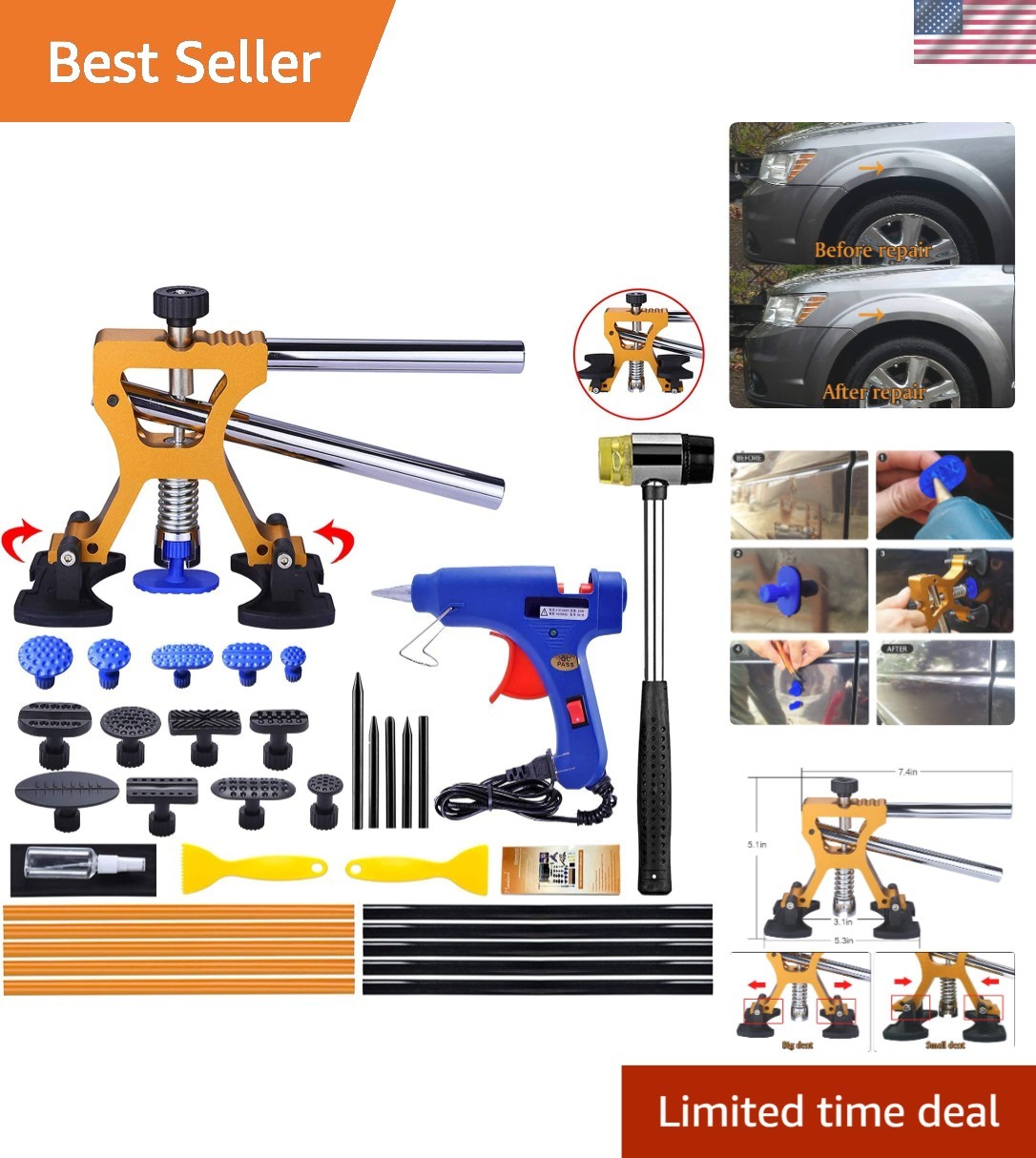 35-Piece Auto Body Dent Repair Kit with Ergonomic Dent Puller & Paint Protection