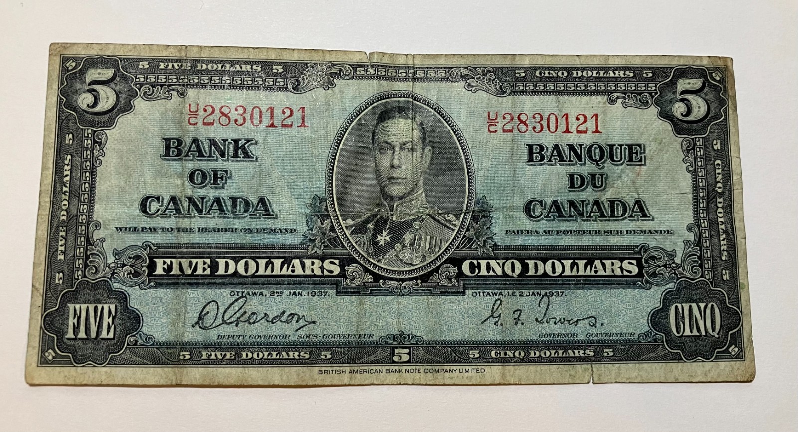 1937 Bank of Canada $5 Banknote Gordon-Towers BC-23b U/C